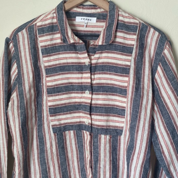 FRAME Striped Bib Linen Button-Down Shirt - Picture 3 of 8